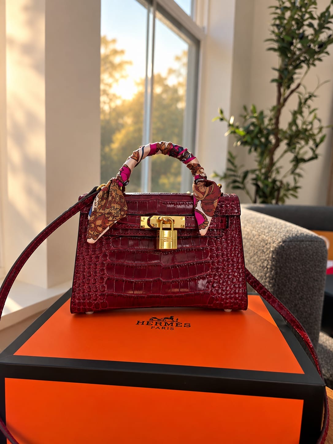 Kelly Hermes color vino top quality con accesorios